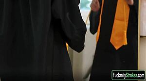 Stepfather gets caught fucking his innocent stepdaughter in rough deepthroat sex while stepmother watches the taboo fantasy