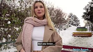 Public agent blonde teen gives pov blowjob then rides big cock in outdoor secret spot