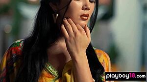 Naked all natural Ukrainian brunette Malena Fend teases with shaved pussy striptease and small tits reveal