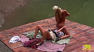 A blonde and a brunette medieval hotties enjoy outdoor lesbian licking and fingering.