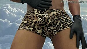 Curvy fat bodybuilder in military style records sexy dancing and intense masturbation session