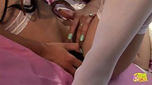 alonely brunette lesbian cutie finds someone to masturbate with in the room next door, using toys and fingering for fun