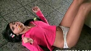 Tiny Teen Tessa Strips Panties for Solo Fingering Fun!