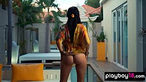 Naked all natural Ukrainian brunette Malena Fend teases with shaved pussy striptease and small tits reveal