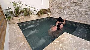 Two hot latinas masturbate in public pool with petite fingering and wet pussy action fearing discovery