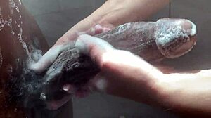 Horny college white girl worships huge BBC in shower with handjob and cumshot. She takes anal assfucking as Asian teen babe while mother-in-law watches like a cuckold wife.