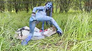 Avatar Monika Fox uses big dildo for hard anal and pussy fuck with squirting in nature outdoors