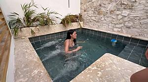 Two hot latinas masturbate in public pool with petite fingering and wet pussy action fearing discovery