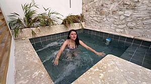 Two hot latinas masturbate in public pool with petite fingering and wet pussy action fearing discovery