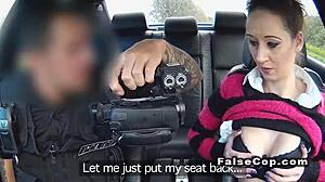 Tattooed babe gives blowjob and fucks in police car publicly