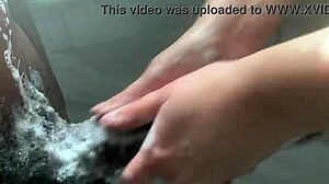 Horny college white girl worships huge BBC in shower with handjob and cumshot. She takes anal assfucking as Asian teen babe while mother-in-law watches like a cuckold wife.