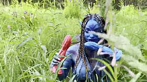 Avatar Monika Fox uses big dildo for hard anal and pussy fuck with squirting in nature outdoors