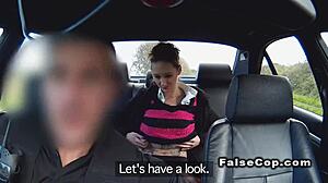 Tattooed babe gives blowjob and fucks in police car publicly