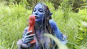 Avatar Monika Fox uses big dildo for hard anal and pussy fuck with squirting in nature outdoors