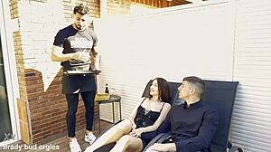 Mary Rock takes two stallions with deepthroat and interracial cum in mouth swallow!