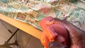 Muscular black bodybuilder deepthroats sextoy in dorm pov after work with fast cum.