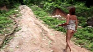 Amateur couple engages in intense outdoor sex right in the middle of forest path