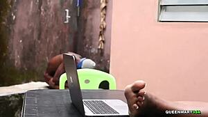 Horny Stepsis And I Masturbate Together, Then Fuck Outside In Bent Over Doggystyle While Watching Porn Videos