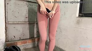 Asian Girl in Yoga Clothes Squirts Hard During Public Stairwell Masturbation