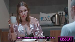 stepson gropes stepmom's big tits in shared bed then she rides him cowgirl next day with passionate moans