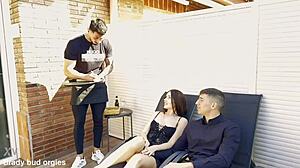 Mary Rock takes two stallions with deepthroat and interracial cum in mouth swallow!