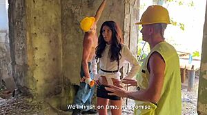 Three workers persuade a fragile inspector to fuck