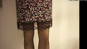 Wife shows bold beauty in red panties and stockings with upskirt cumshot