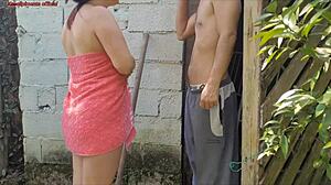 I feel so aroused when the housewife in towel seduces the caretaker in the bathroom for rough Brazilian sex