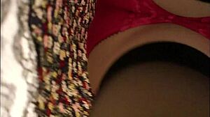 Wife shows bold beauty in red panties and stockings with upskirt cumshot