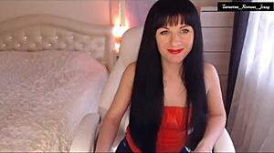 Tamarra Roman aka Jessy rips red blouse jeans for titty tease pussy fingering striptease