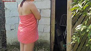 I feel so aroused when the housewife in towel seduces the caretaker in the bathroom for rough Brazilian sex