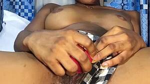 narrative about a black woman feeling horny and starting foreplay with her hairy big pussy