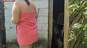 I feel so aroused when the housewife in towel seduces the caretaker in the bathroom for rough Brazilian sex