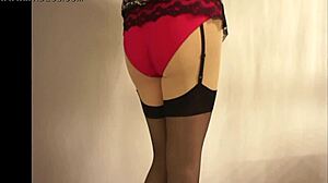 Wife shows bold beauty in red panties and stockings with upskirt cumshot