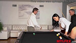 Bombastic secretary bangs bosses in bareback double penetration threesome during billiard game