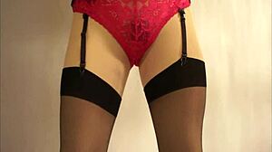 Wife shows bold beauty in red panties and stockings with upskirt cumshot