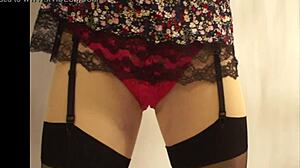 Wife shows bold beauty in red panties and stockings with upskirt cumshot