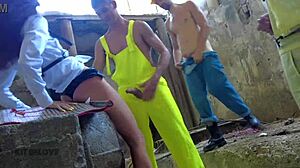 Three workers persuade a fragile inspector to fuck