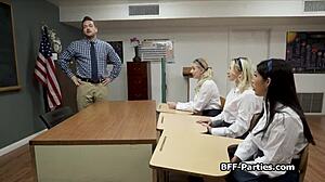 Hey, check out this classroom foursome where lucky teachers share a fat dick with coeds