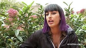 Exhibitionist babe teases hairy pussy outdoors but hides in public restroom for wet clit play