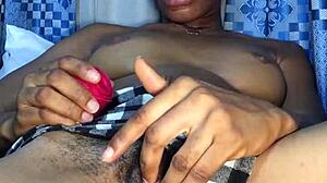 narrative about a black woman feeling horny and starting foreplay with her hairy big pussy