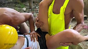 Three workers persuade a fragile inspector to fuck