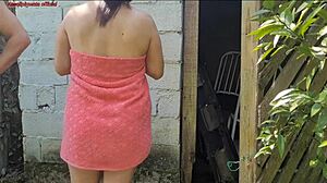 I feel so aroused when the housewife in towel seduces the caretaker in the bathroom for rough Brazilian sex