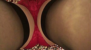 Wife shows bold beauty in red panties and stockings with upskirt cumshot