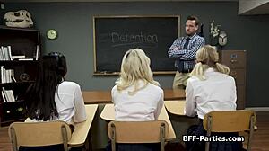 Hey, check out this classroom foursome where lucky teachers share a fat dick with coeds