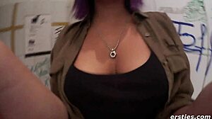 Exhibitionist babe teases hairy pussy outdoors but hides in public restroom for wet clit play