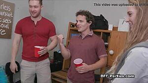 College coeds in dorm throw a wild foursome blowjob party with uniforms