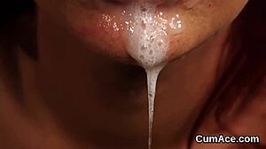 Nasty beauty gets cum load on her face sucking all the juice