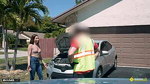 Can Slay Kay really fuck in her boyfriend's garden to fix her car? She bends over doggystyle for his big cock.