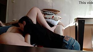 Two brunette girls in love share romantic lesbian sex. They lick and moan through wet pussy muff diving and cunilingus to orgasm.